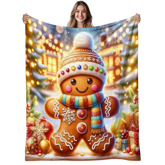1pc Gingerbread for Man Flannel Blanket - Soft & Warm All-Season Cozy Throw with Festive Gingerbread for Man & Snowy Christmas Village Print, -Pilling Machine Washable Contemporary Bedspread for Sofa