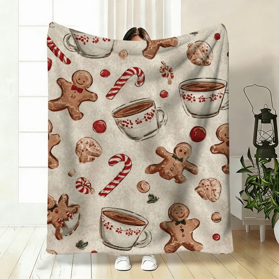 1pc Gingerbread pattern Flannel Blanket- Ultra Soft Flannel All-Season Comfortable Throw Blanket with Gingerbread , Candy Cane, and Peppermint Cup Patterns.