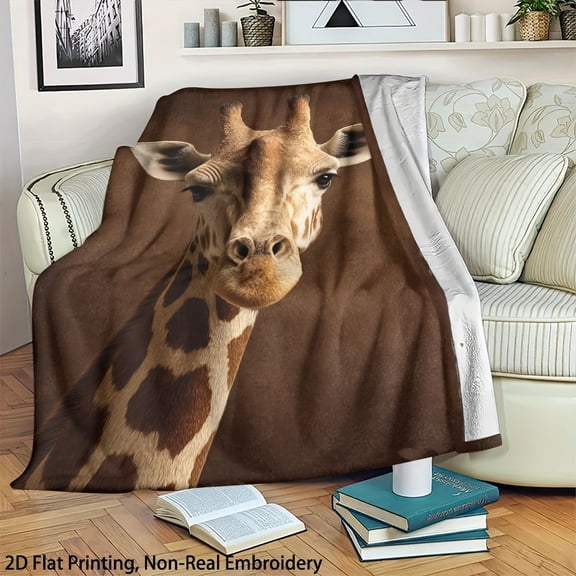 1pc Giraffe Photo Flannel Blanket - Soft Warm All-Season Polyester Throw with Digital Print, Machine Washable for Sofa, Travel, Camping, Office & Bed - Contemporary Animal Theme, Versatile Use for Co