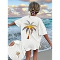 thumbnail image 1 of 1pc Girls Oversized Palm Tree Print Pullover Navy Blue Short Sleeve T-Shirt, Student Youth Clothing Perfect For Beach Playtime In Summer, 1 of 6
