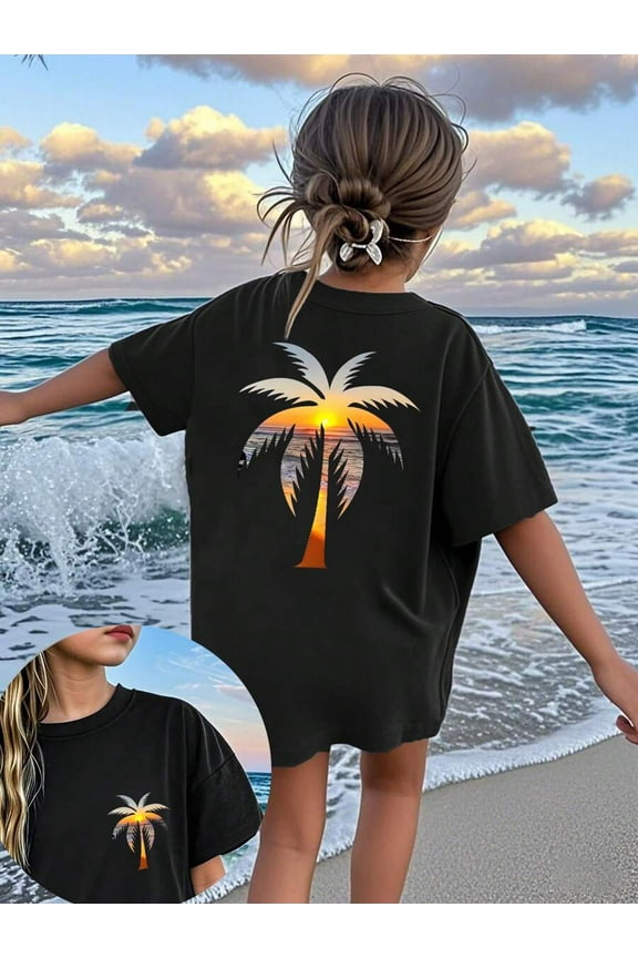 1pc Girls Oversized Palm Tree Print Pullover Navy Blue Short Sleeve T-Shirt, Student Youth Clothing Perfect For Beach Playtime In Summer