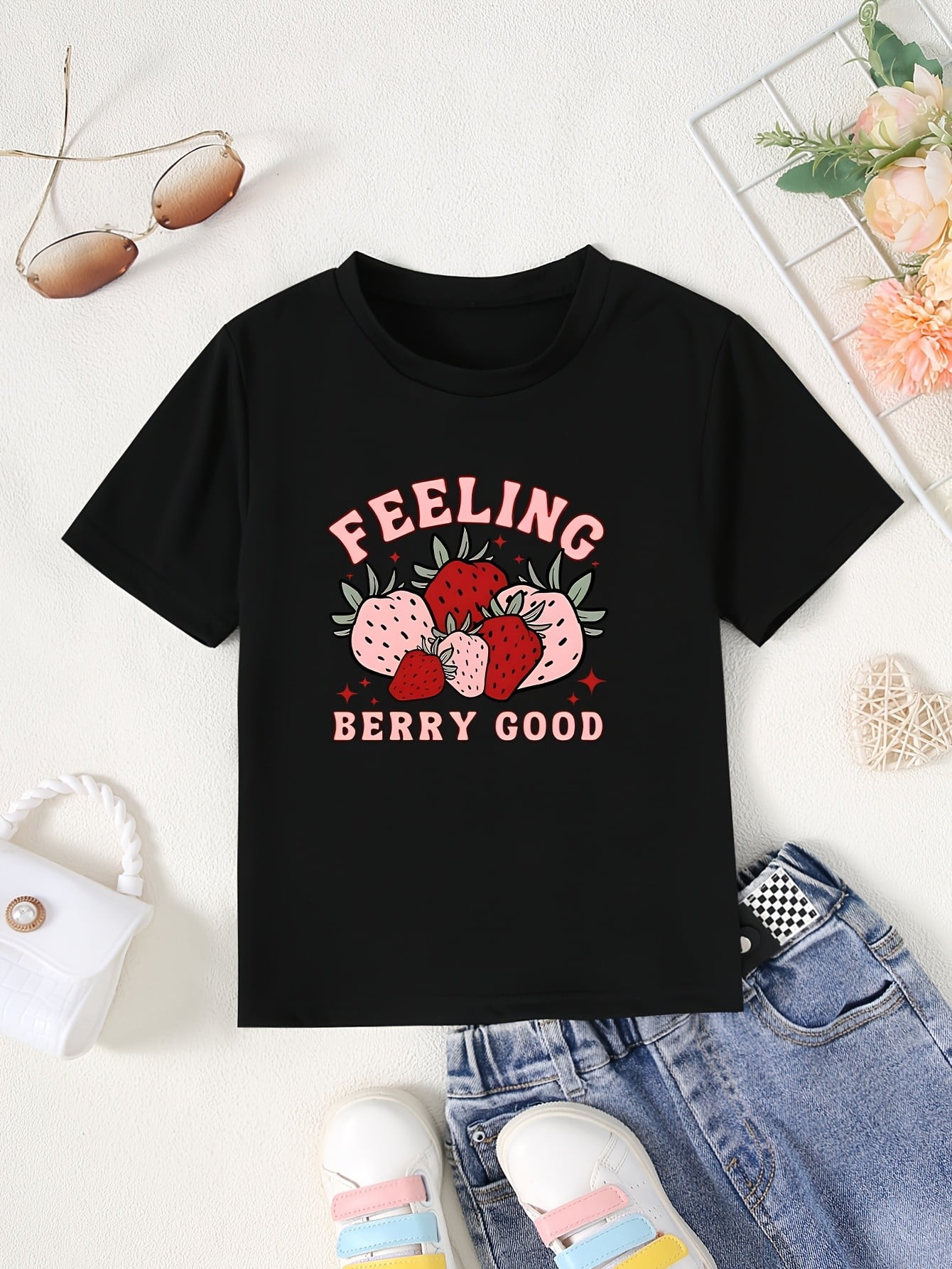 1pc Girls' Summer Cartoon Strawberry Print T-Shirt - Casual Crew Neck ...