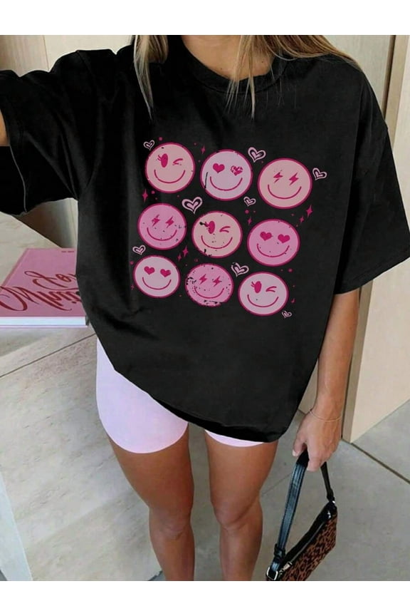 1pc Girls Teens Heart & Smiling Face Print Short Sleeve T-Shirt, Comfortable & Fashionable Summer Top For Students & Young Girls