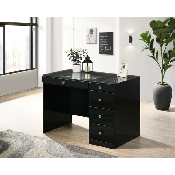 1pc Glam Makeup Vanity Table Glass Top 5 Drawers Crystal Knobs Black Wooden Bedroom Furniture