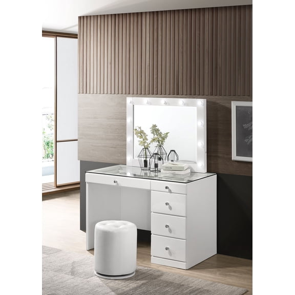 1pc Glam Makeup Vanity Table Glass Top 5 Drawers Crystal Knobs White Wooden Bedroom Furniture White On-Site