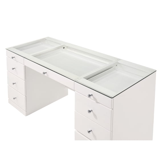 1pc Glam Makeup Vanity Table Glass Top 9 Drawers Knobs White Wooden Bedroom Furniture On-Site