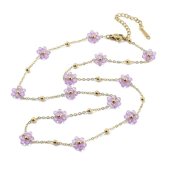 1pc Glass Flower Link Chain Necklaces 316 Surgical Stainless Steel Jewelry for Women golden Lilac 21.30 inch(54.1cm)