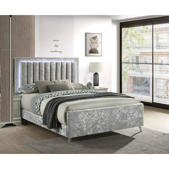 1pc Glisten Glam Upholstered Queen Size Built-in LED Light Headboard Bed Silver Bedroom Furniture