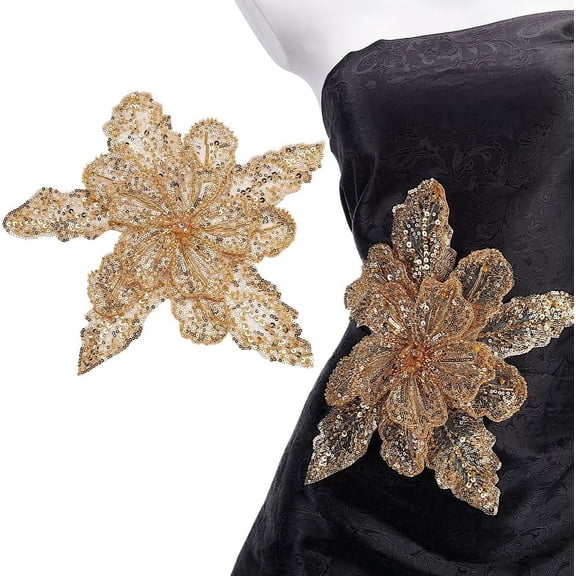 1pc Gloden 3D Sequin Flower Applique Sparkly Sew on Sequins Lace Patch with Brooch Pin Double-Layer Lace Applique Floral Pattern Patch for Wedding Garment Dresses Decoration DIY Sewing Fabric Gold