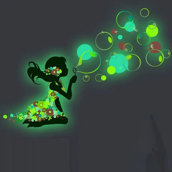 1pc Glow-in-the-Dark Bubble Blowing Girl Wall Sticker, Octagonal Plastic Decal with Glitter, Self-Adhesive Decor for Bedroom, Living Room, Dorm, Girls Room Embellishment