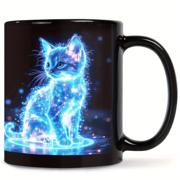 1pc Glowing Neon Blue Coffee Mug Ceramic Cup with Blue Kitten Stars Dishwasher Lovers Birthdays Christmas Valentine s Ideal Home Cafes Offices Decorat
