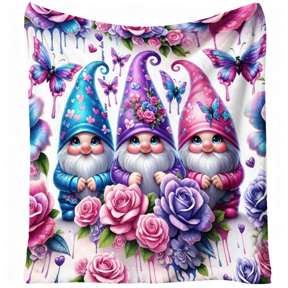 1pc Gnomes Butterflies Roses, Flannel Blanket, Soft, Warm, Floral Art Print, for Sofa, Bed, Living Room, All-Season, Halloween, Christmas, Home