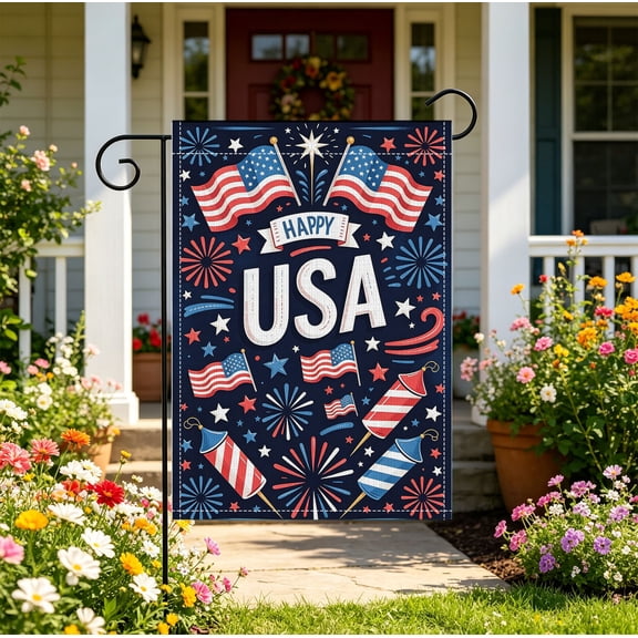 1pc God Bless America Fireworks Garden Flag, Double Sided 2D Printed Patriotic American Flag Pattern, 12x18 Inch Outdoor Yard Decoration for 4th of July Independence Day, Holiday Party Gift