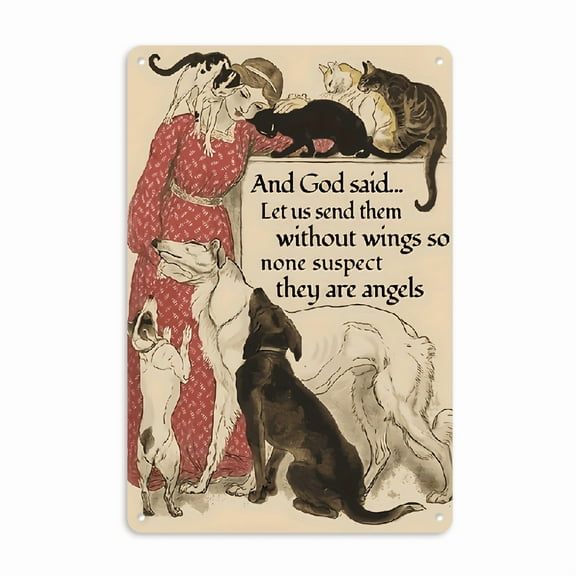 1pc, God Said Angel Dogs and Cats Lover Souvenir, Beloved Pet tinplate Brand Nostalgic Retro Metal Wall Decorative Gift Art, Suitable for Home Cafe Office Bedroom Wall Decoration 8*12in