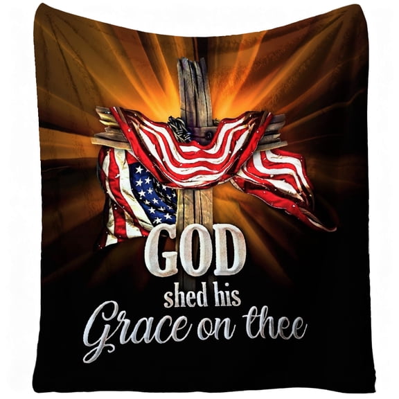 1pc God Shed His Grace On Thee Flannel Blanket, Soft Polyester, American Flag Cross Patriotic Design, Digital Print, All-Season, for Home, Travel