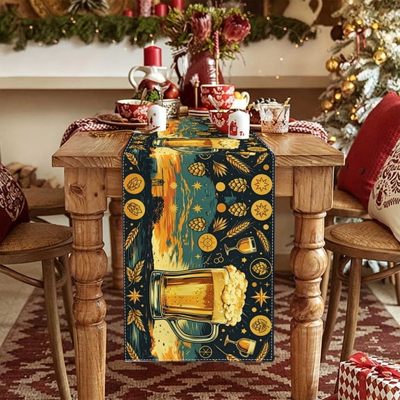 1pc Golden Beer Hop 2D Table Runner, Kitchen Garden Party Decor, Surprise Gift for Hosts, Christmas Thanksgiving Labor Day