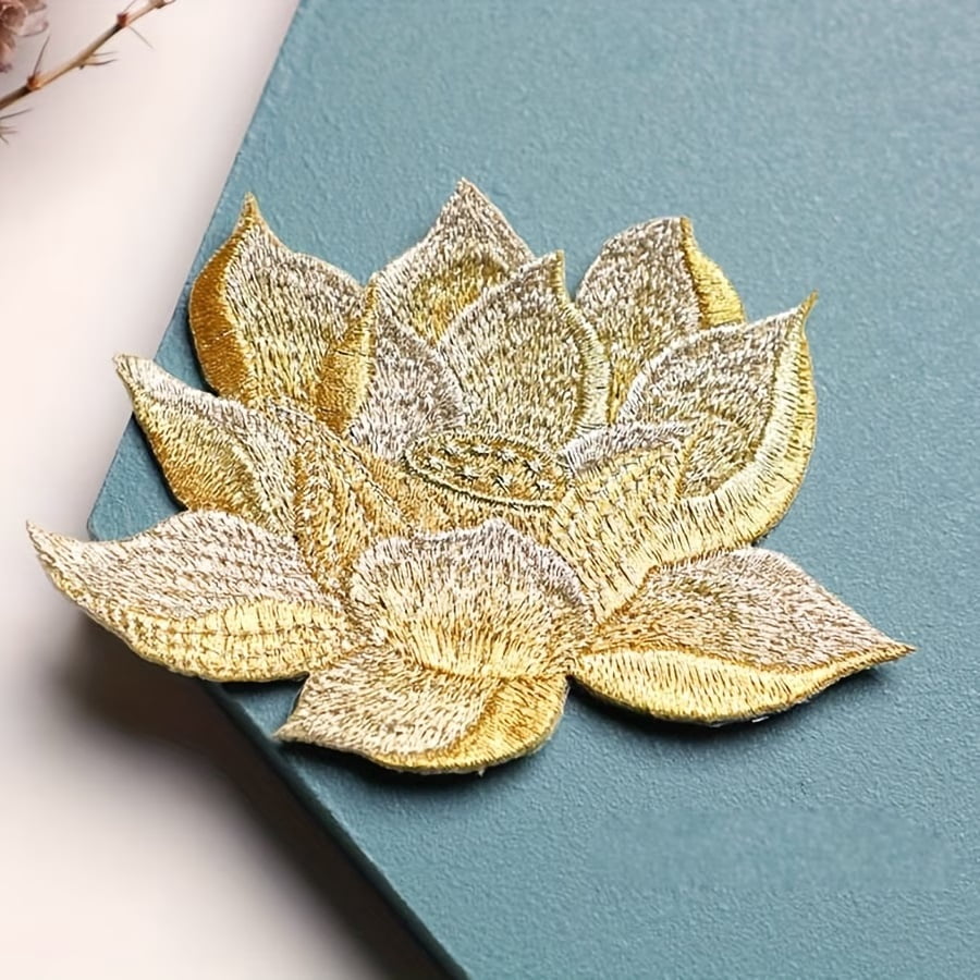 1pc Golden Lotus Embroidery Cloth Patch for Clothing, Bags, and Accessories