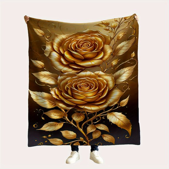 1pc Golden Rose Pattern Digital Print Flannel Blanket Soft and Warm Nap Blanket for Sofa Office Bed Camping Travel Multi Purpose All Season Gift Blanket