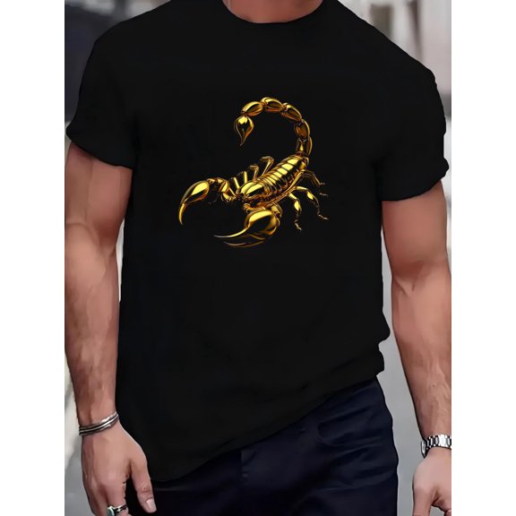 1pc Golden Scorpion Fashion Tee - Stretchy Round Neck, Breathable, Quick-Dry, Annual Essential T-Shirt for Men - Fashionable Graphic Print, Casual Wear, Outdoor Activities