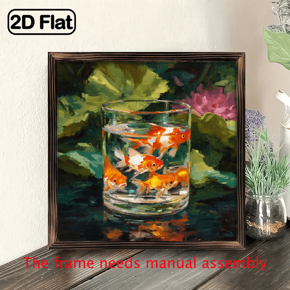 1pc Goldfish in Glass Bowl Canvas Wall Art - Modern Vintage Art Deco Wooden Framed Print, Vibrant Orange Fish with Lush Greenery, Vertical Home Office Living Room Bedroom Decor.