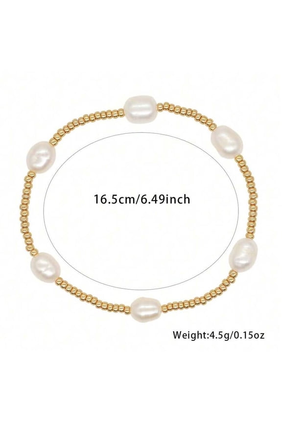 1pc Goldtone Stretch Bracelet With White Faux Pearl Beads And Tiny Gold Beads