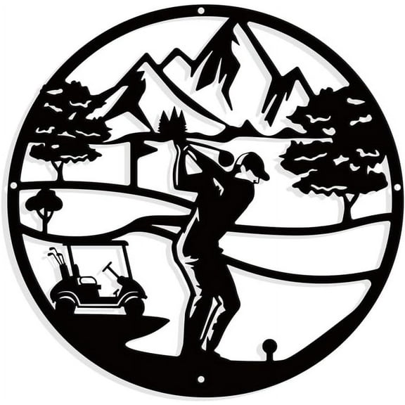 1pc Golf Scene Metal Wall Art Decor Flat Round Matte Style Wall Hanging Decor Silhouette Wall Art for Livingroom Home Garden Hotel Office Wall Festival Decoration Gift 11.8 Inch