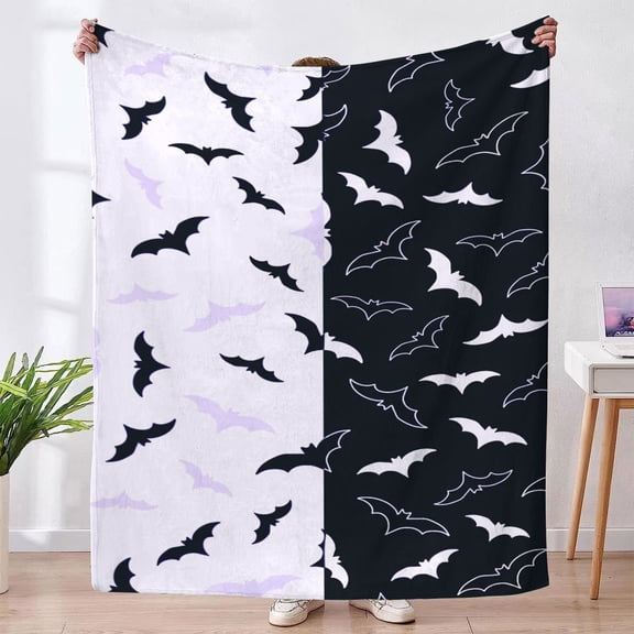 1pc Gothic Bat-Themed Luxury Flannel Blanket - Black & White Bat Wing Design with Purple/Pink Accent - Soft All-Season Throw for Bed, Couch, Travel - Machine Washable - Spooky Home Decor & Vampire Fa