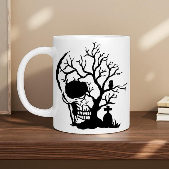 1pc Gothic Black White Ceramic Mug with Gothic Tree Bat Crow Skull Crosses 11oz 15oz 30ml 45ml Coffee Tea Cup Heat Resistant Dishwasher Halloween Spooky or Year Round Use Ideal