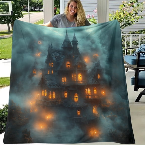 1pc Gothic Castle Night Scene Blanket - Soft Flannel Bedspread/Throw with Dark Blue & Golden Mystical fortress design, All-Season Luxury Bedding for Living Room, Bedroom, Halloween & Christmas Decor