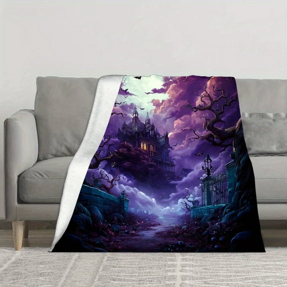 1pc Gothic Castle Throw Blanket - Dark Purple & Flannel Bedspread with Full Moon & Bats - All-Season Soft Polyester Blanket for Couch, Bed, Travel - Machine Washable - Perfect Halloween, Christmas, B