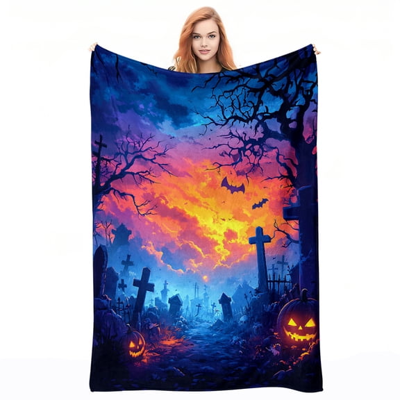 1pc Gothic Cemetery Night Scene Flannel Blanket - Spooky Graveyard Print with Jack-O'-Lanterns, Bats & Tombstones - All-Season Soft Bedspread for s &, Cozy Couch/Bed/Camping Throw, Durable Quilted-li