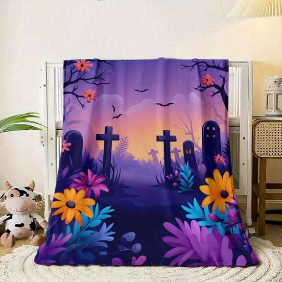 1pc Gothic Cemetery Scene Flannel Blanket - Spooky Graveyard with Tombstones, Bats, Flowers - Soft All-Season Indoor/Outdoor Throw for Halloween, Home, Camping, Office - Perfect Halloween Gift for Ho