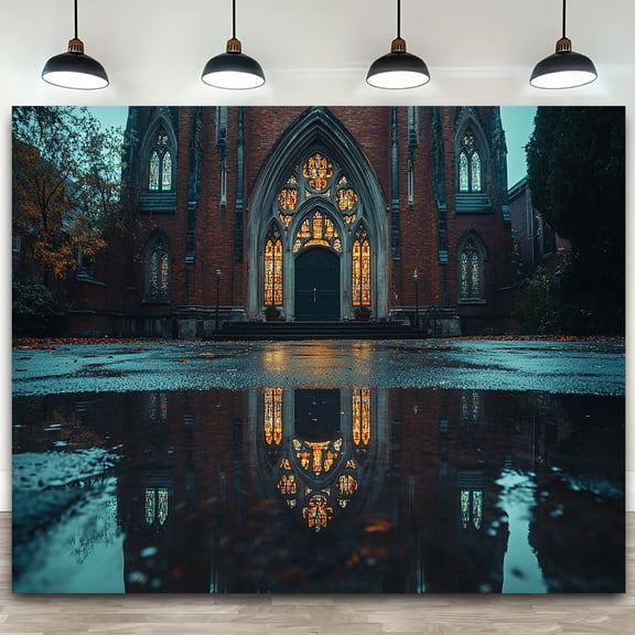 1pc Gothic Church tapestry - Dark Stone Towering Arches & Rainy Reflective Street Scene,Durable Polyester Party Banner Background Cloth,No Electricity Needed,All-Season  Use for Birthdays