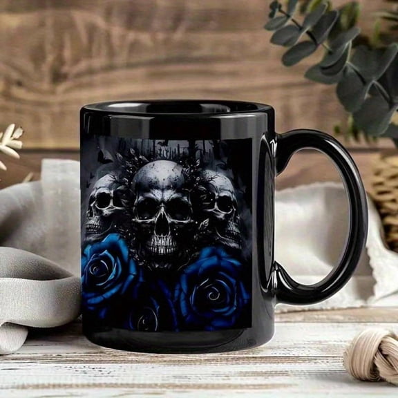 1pc Gothic Coffee Mug Black Cup with Blue Skull Design Dishwasher Cup Coffee Tea Milkshakes Dark Aesthetic Halloween Birthday Valentine S Edgy Home De