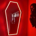 thumbnail image 1 of 1pc Gothic Coffin-Shaped Neon Wall Mirror, USB Powered, Glass Surface, Horizontal, Irregular Decorative Art Style, Ideal for Dark Art Enthusiasts and Holiday Gifts, 1 of 3