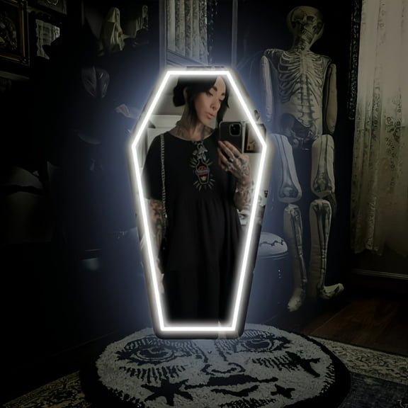 1pc Gothic Coffin-Shaped Neon Wall Mirror, USB Powered, Glass Surface, Horizontal, Irregular Decorative Art Style, Ideal for Dark Art Enthusiasts and Holiday Gifts