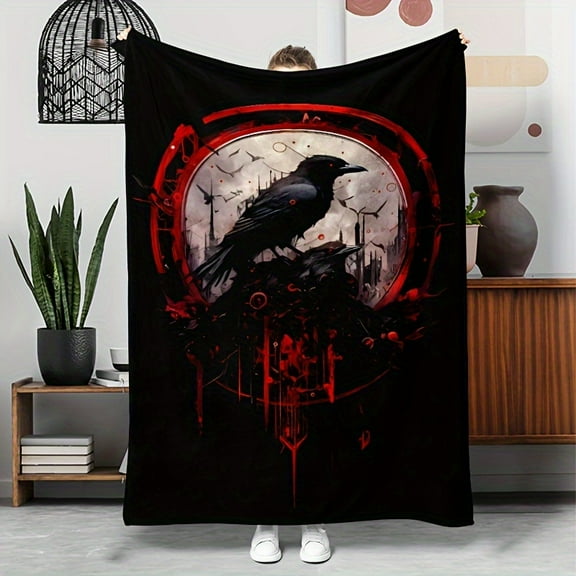 1pc Gothic Crow Pattern Flannel Blanket Halloween Gift Blanket for Family and Friends Midday Nap Blanket Throw Blanket Sofa Blanket Camping and Travel Multi purpose