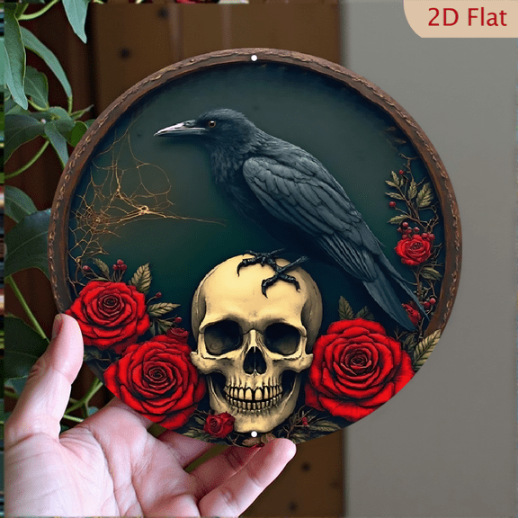 1pc Gothic Crow Skull Metal Wall Decor - Mystical Raven Perched on Skull with Red Roses & Cobwebs, 8x8 Inch Round Aluminum Sign for Indoor/Outdoor - Spooky Home, Halloween Decor, Gothic Art
