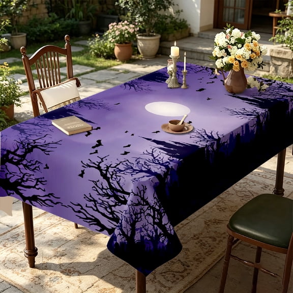 1pc Gothic Dead Tree Full Moon Bat 2D Printed Tablecloth, Indoor Garden Party Table Cover, Holiday Gift for Halloween Thanksgiving Celebrations