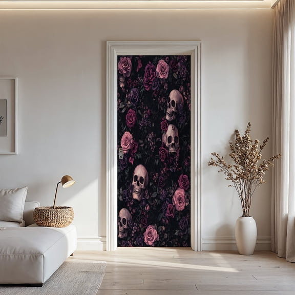1pc Gothic Door Wallpaper Sticker - Removable Black & White Floral with Deep Purple Roses & Skulls, PVC Peel & Stick Wallpaper for Doors, Walls, Modern Gothic Home Decor - Easy Application & Residue-