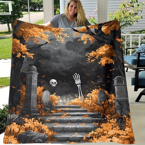 1pc Gothic Halloween Cemetery Flannel Blanket - Spooky Graveyard Scene with Skeleton, Tombstones - Soft All-Season Throw for Home, Camping, Travel - Machine Washable Dark Decor Gift for Horror Fans,