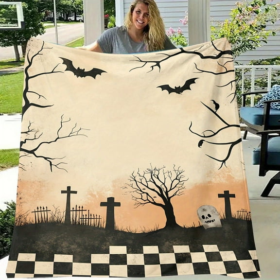 1pc Gothic Halloween Graveyard Throw Blanket - Spooky Cemetery Scene with Bats, Tombstones - Soft Flannel All-Season Couch, Bed, Camping, Office Decor - Lightweight Indoor/Outdoor Blanket for Hallowe