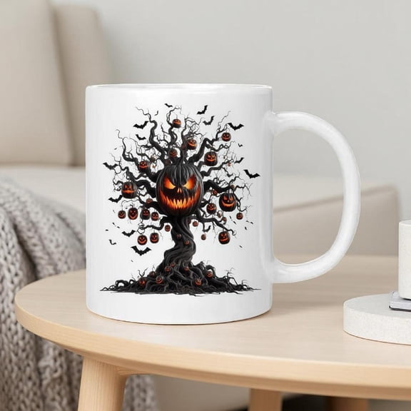 1pc Gothic Halloween Mug with Dead Tree Jack O Lantern Design Spooky Orange Pumpkin Lanterns 11oz 15oz Ceramic Coffee Tea Cup with Spooky Tree Jack O