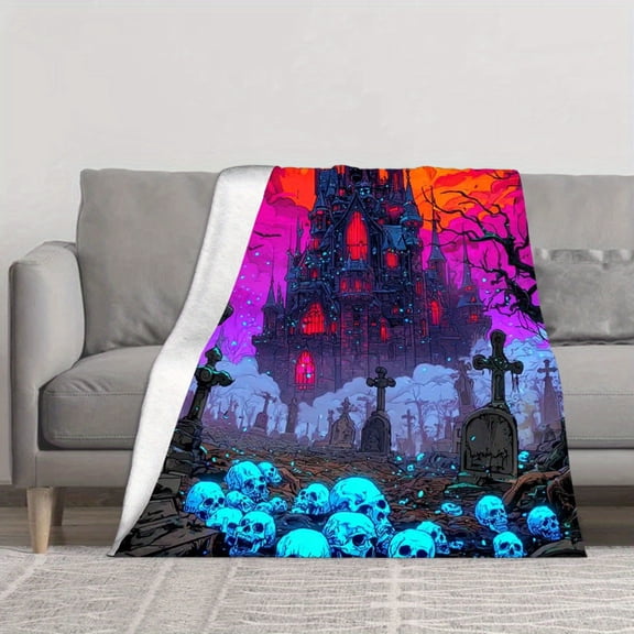 1pc Gothic Haunted Castle Throw Blanket - Soft Cozy Flannel-like Polyester All-Season Bedspread with Neon Glow Glow-in-the-Dark-like Effect (Reverse Print), Vampire Castle & Bats Design for Couch, Be