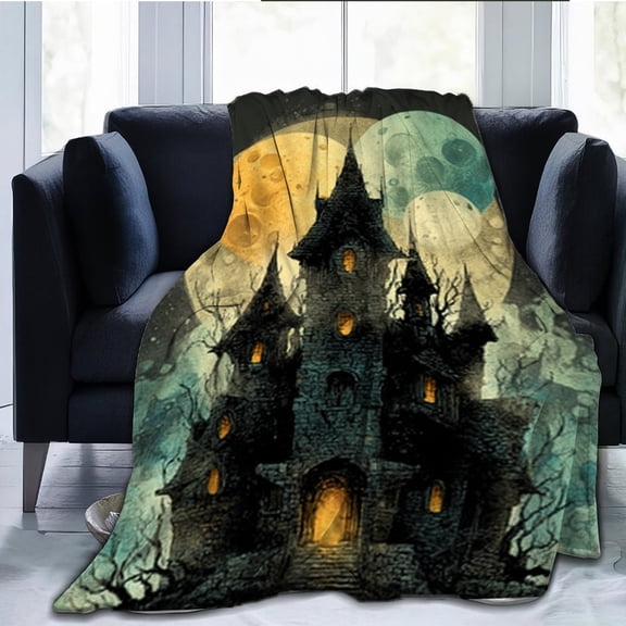 1pc Gothic Haunted Mansion Throw Blanket - Spooky Castle with Full Moon & Bats Design in Black, Golden, Teal - Soft Flannel Lightweight Bedspread for Couch, Bed, Camping - Perfect Halloween, Christma
