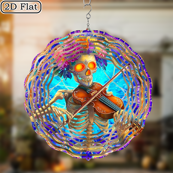 1pc Gothic Mexican Skeleton Violin Wind Spinner - Day of the Dead Decor with Colorful Floral patterns, Spinning Motion for Halloween, Christmas, Thanksgiving, Dia de los Muertos - OutdoorIndoor