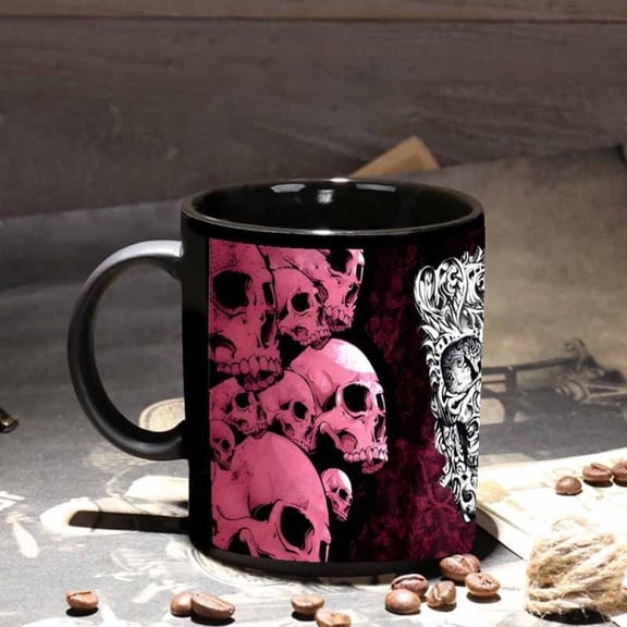 1pc Gothic Pink Skull Mug Black Pink Gothic Design Coffee Tea Cup with Glossy Finish Dishwasher Reusable Cup Home Office Parties Unique Holiday Adults