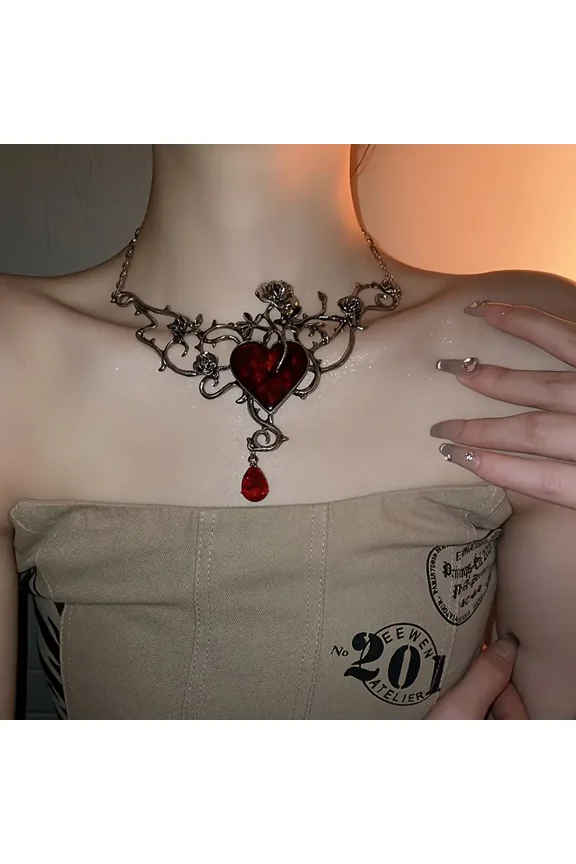 1pc Gothic Punk Rhinestone Heart Rose Flower Branch Necklace For Women Valentine's Day Gift Halloween Party Clavicle Accessories