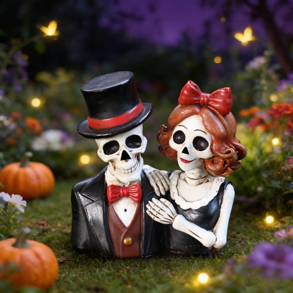 1pc Gothic Skeleton Couple Figurine, Vintage Resin Skull Bust With Top Hat and Red Bow, Romantic Home Decor For Halloween and Day of the Dead, 3.23.11.5in