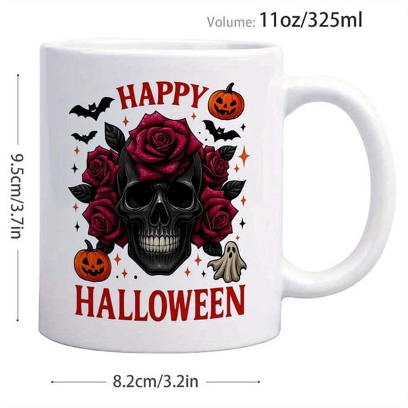 1pc Gothic Skull Bat Wing Coffee Mug 11oz Pink Roses Happy Halloween Cup with Mexican Style Calavera Design Dishwasher Halloween Party Gothic Tea Coco